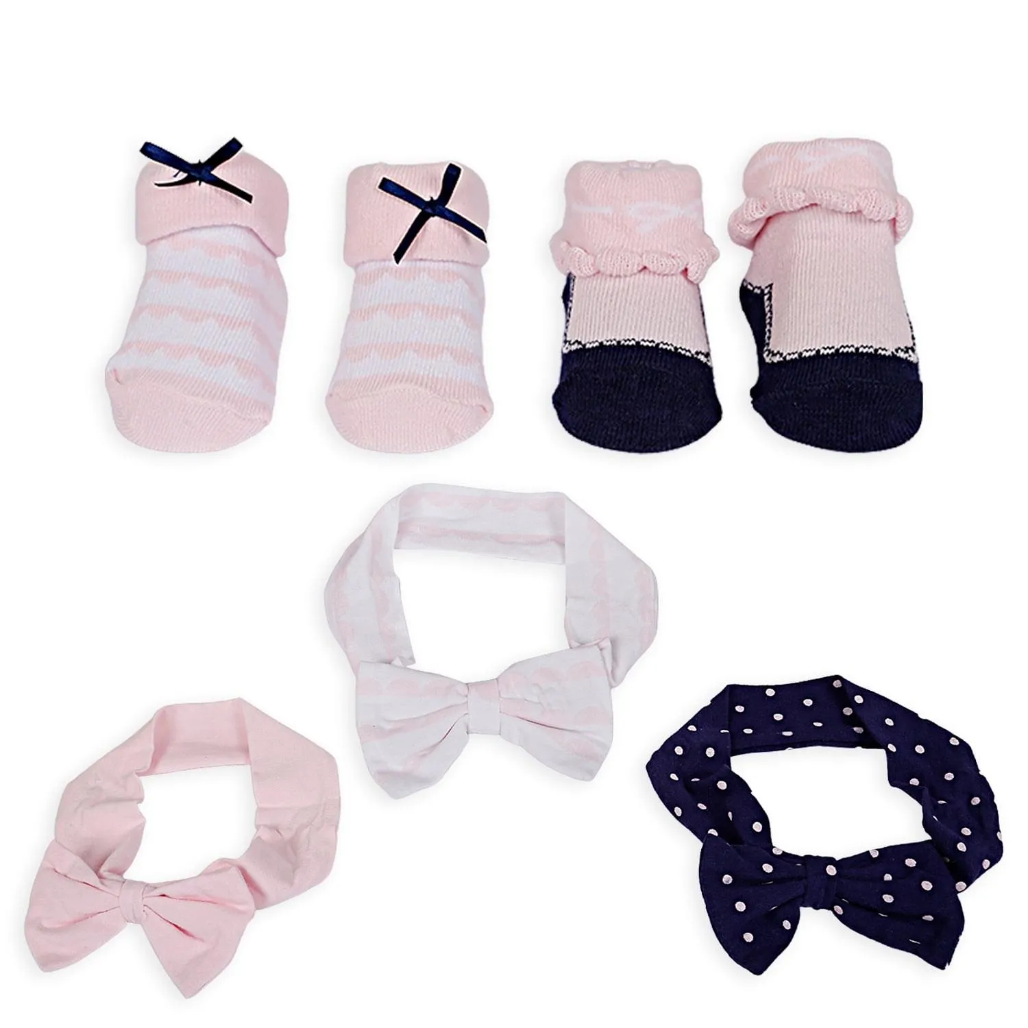 3 Headbands And 2 Pair Socks Gift Set Polka Dots Bows Pink