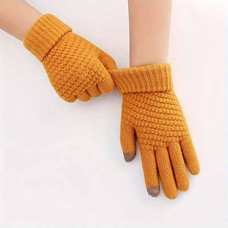 4 Colors Pineapple Pattern Jacquard Gloves, Short Monochrome Knit Touchscreen Gloves, Winter Thick Warm Riding Gloves For Women And Men