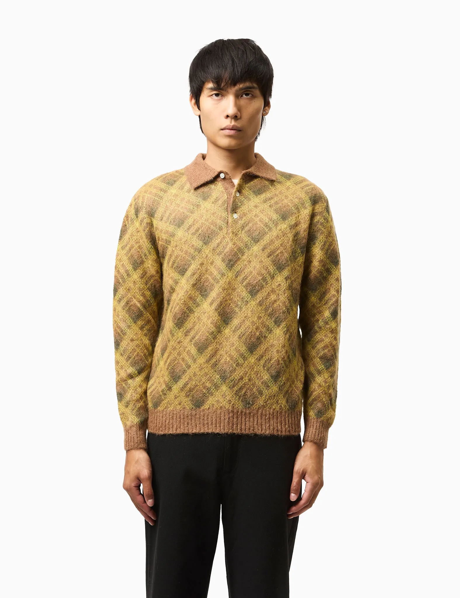 Beams Plus Argyle Shaggy Knit Polo - Brown