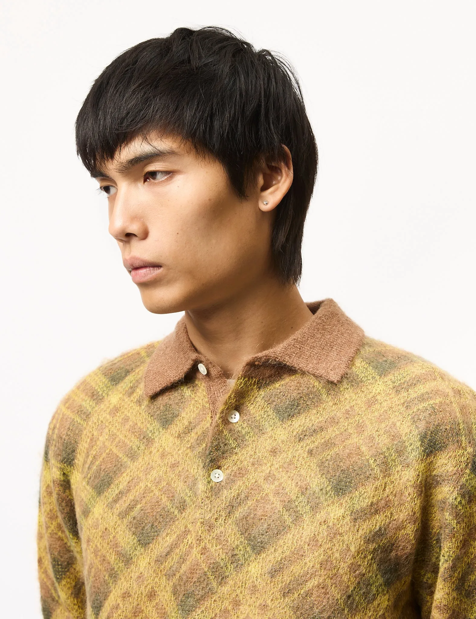 Beams Plus Argyle Shaggy Knit Polo - Brown