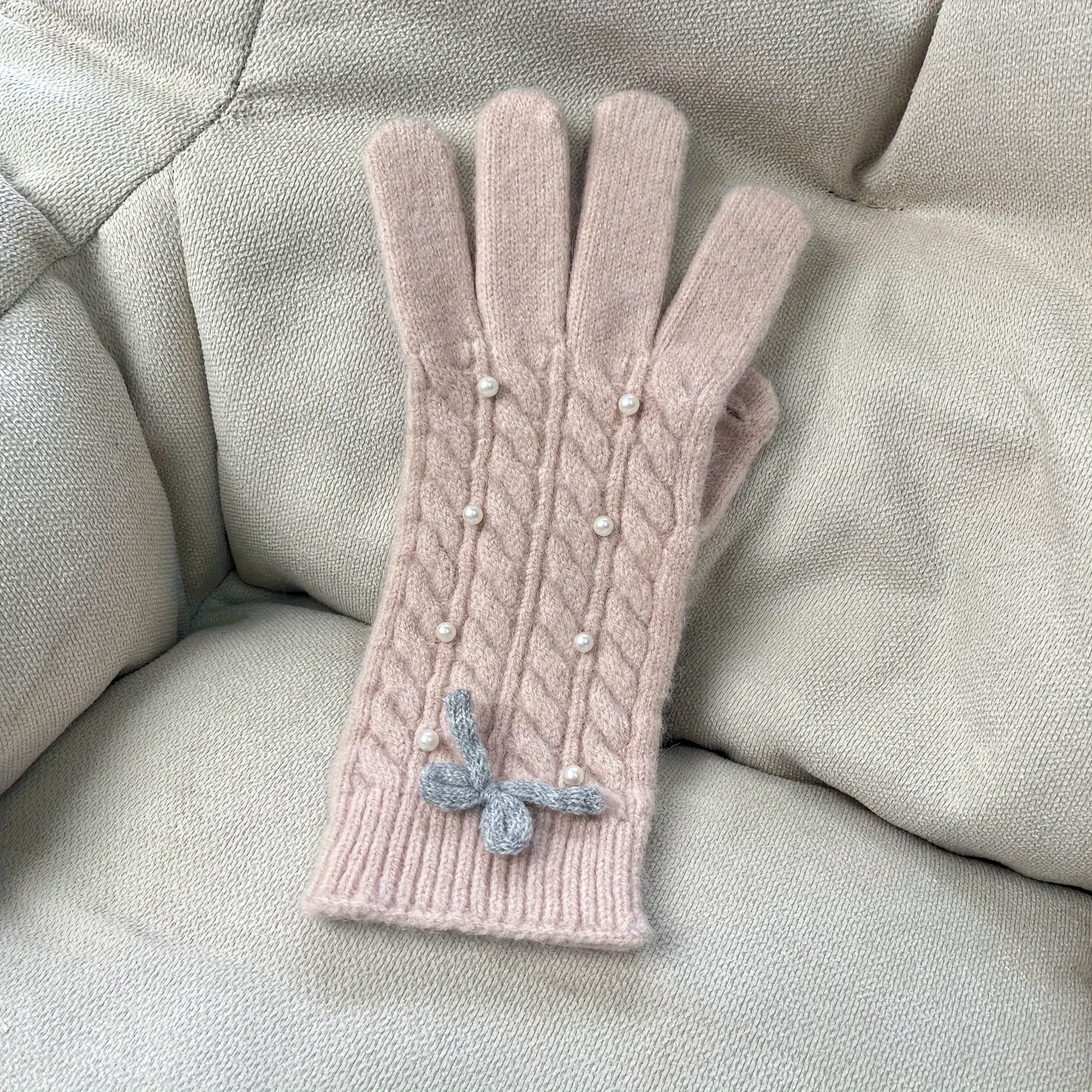 Boho Twist Knit Wool Gloves Simple Bow Imitation Pearl Decor Touchscreen Gloves Autumn Winter Coldproof Elastic Gloves