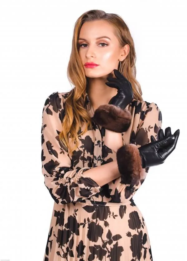 Brown Chinchilla Fur Trim Gloves