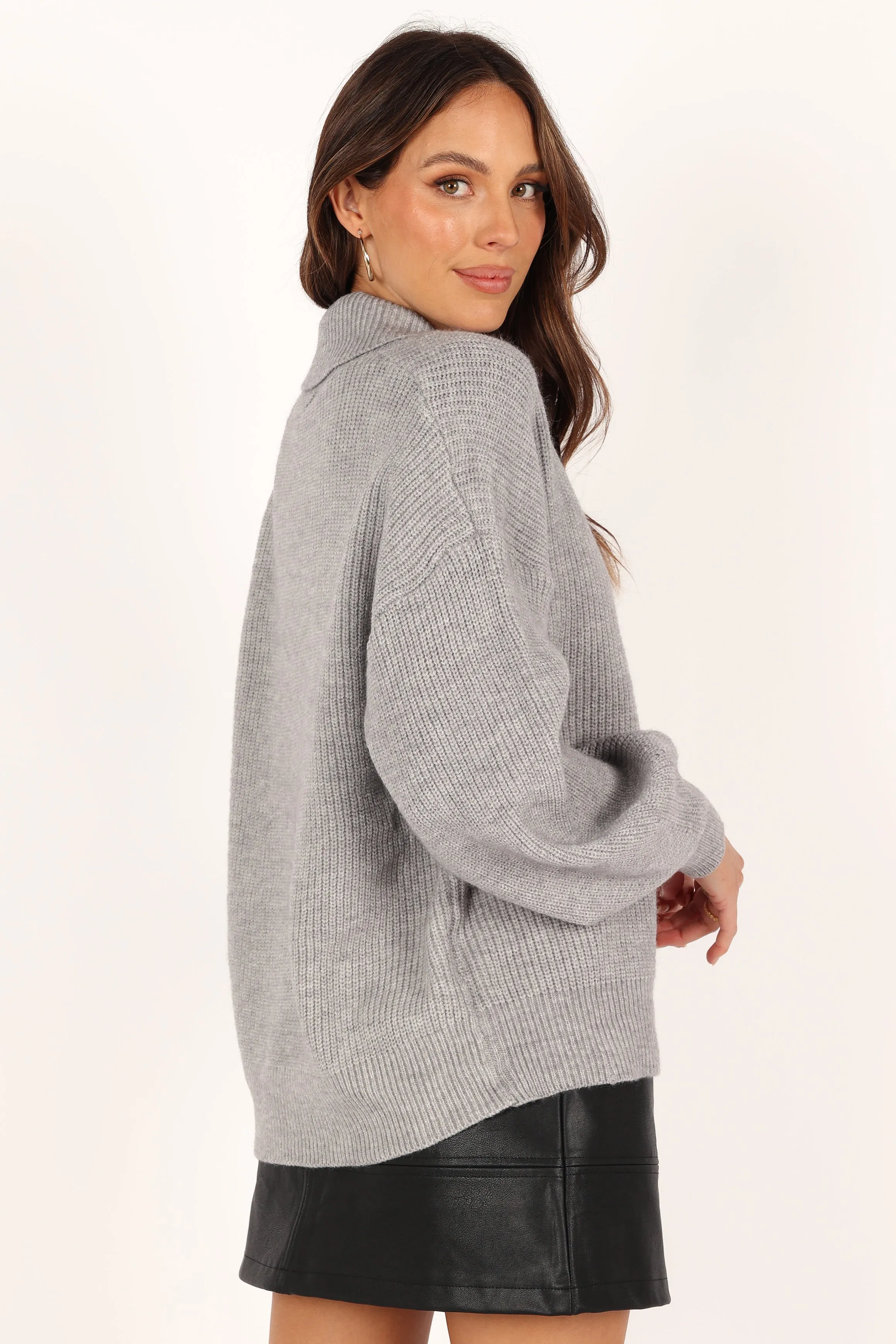 Carly Collar Knit Sweater - Grey