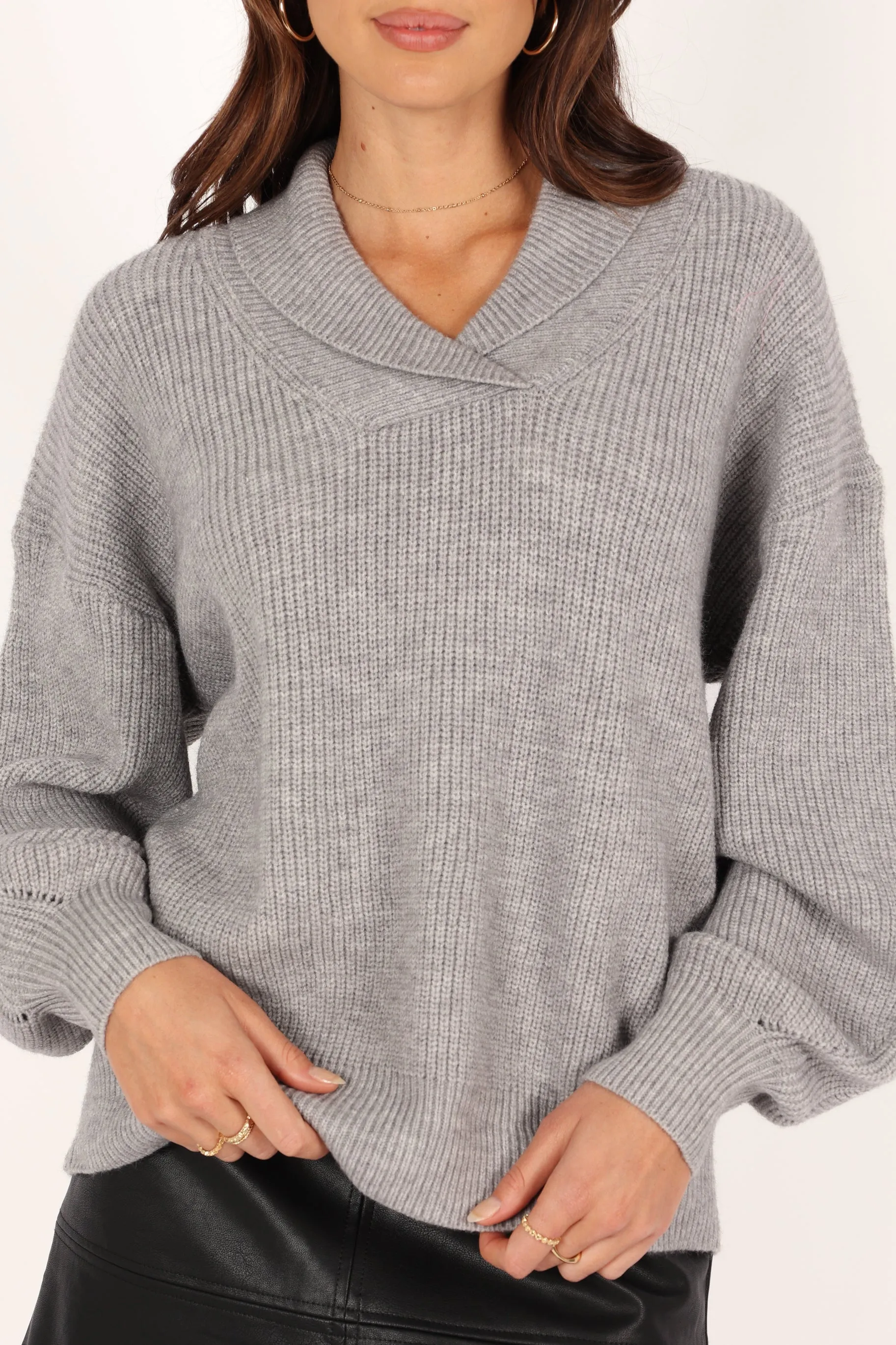 Carly Collar Knit Sweater - Grey