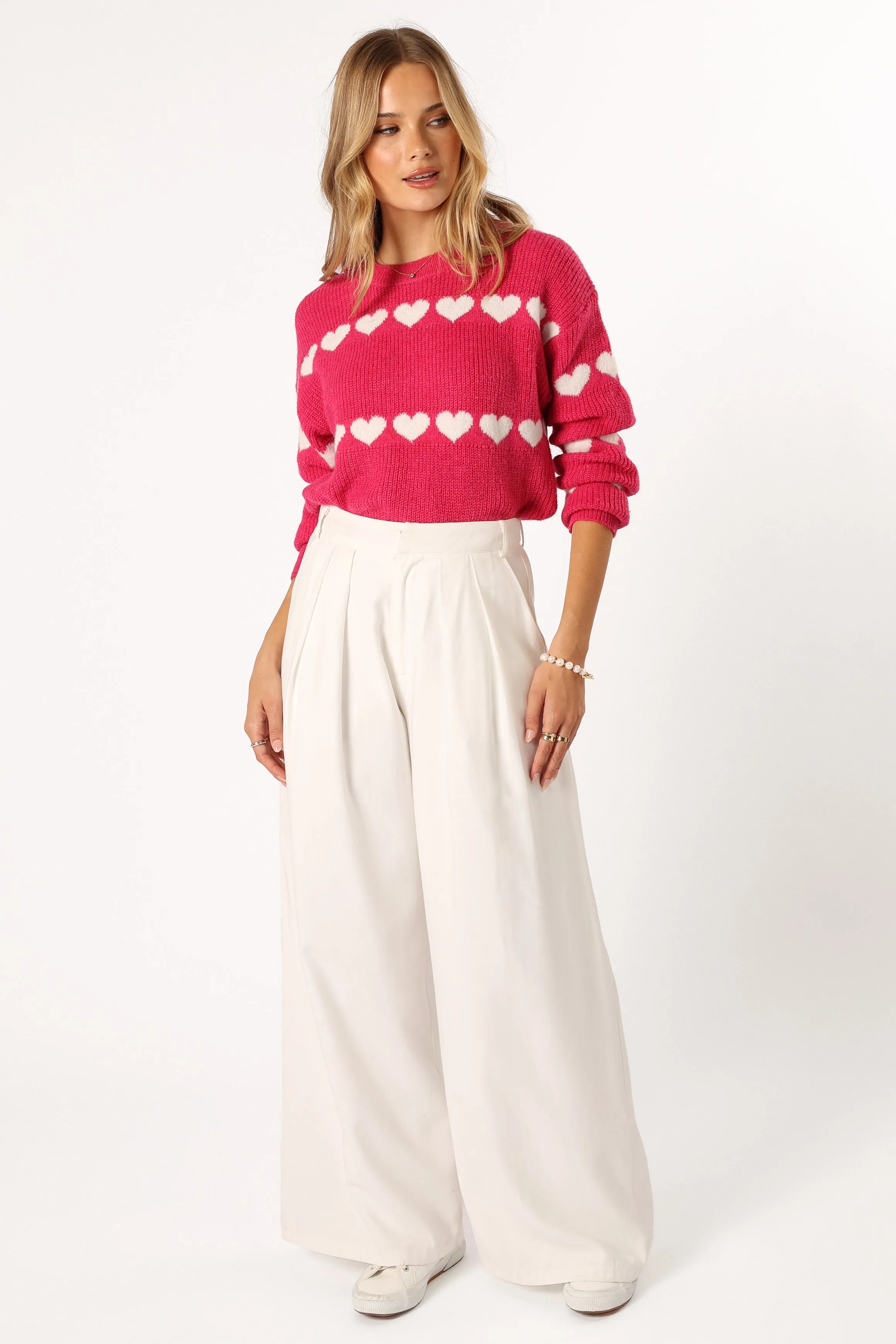 Dakotah Heart Stripe Knit Sweater - Fuchsia White