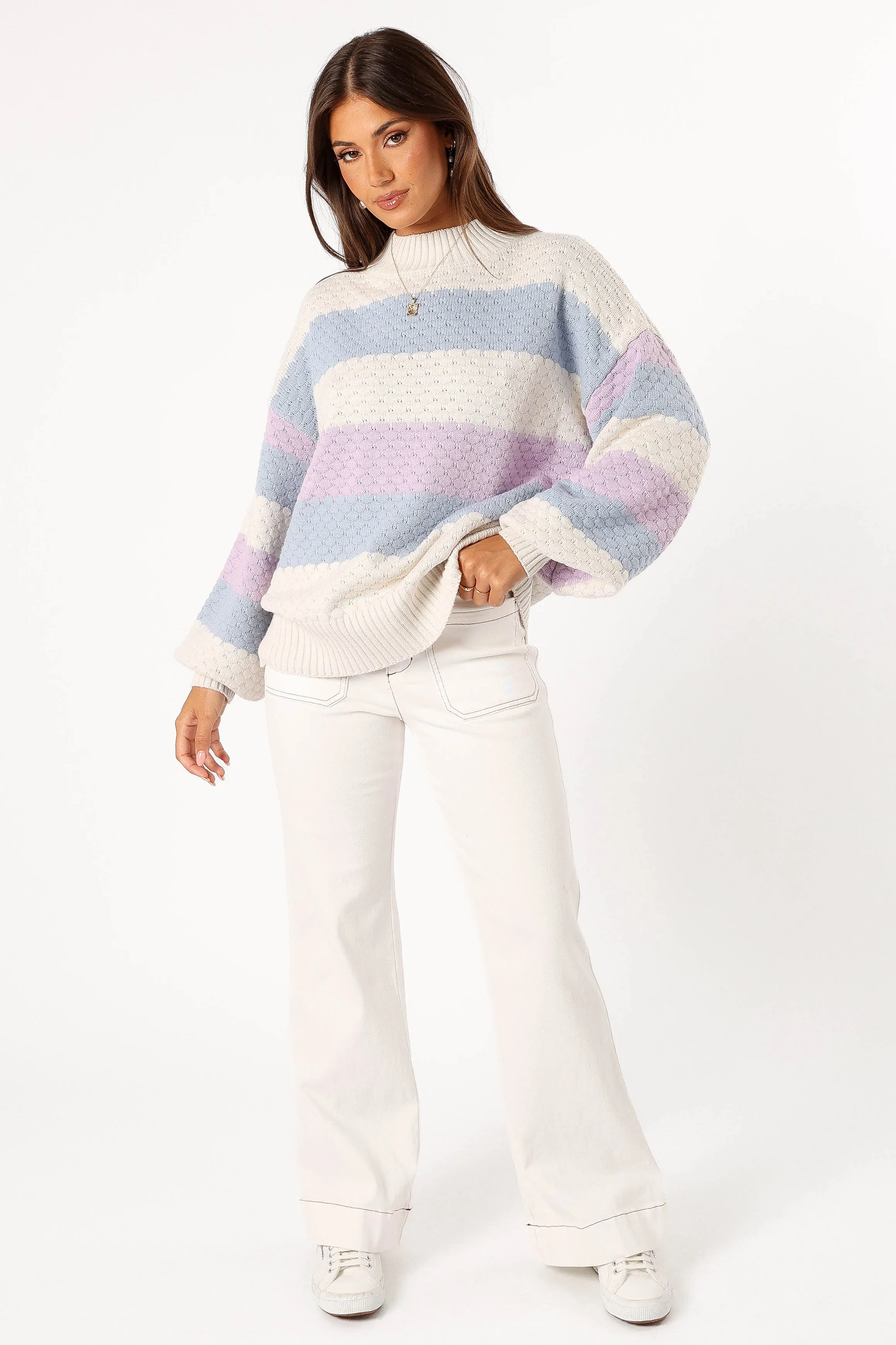 Dani Multi Stripe Knit Sweater - White Light Blue