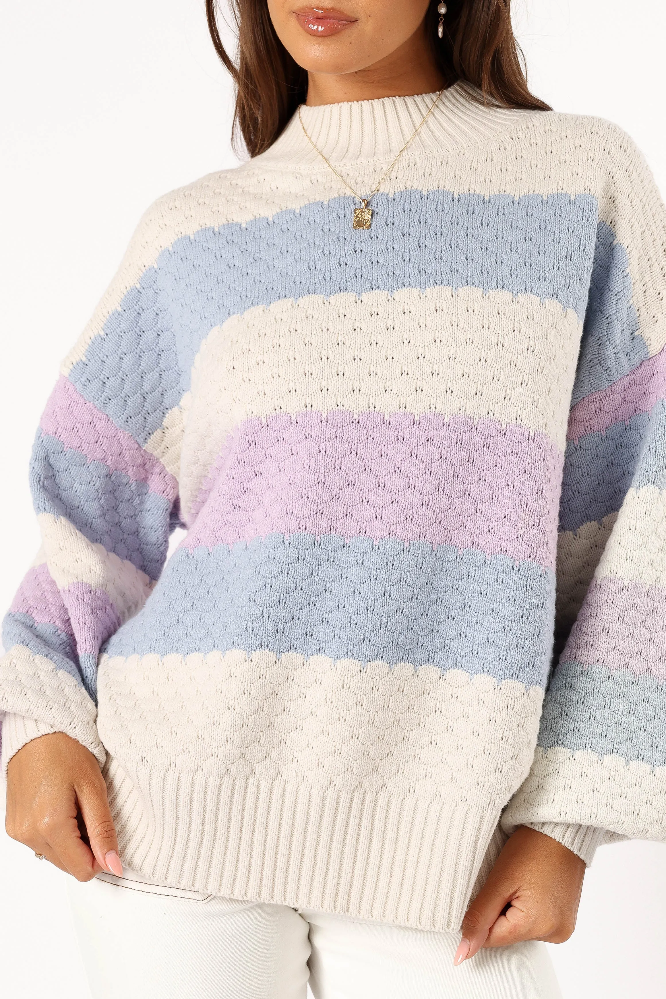 Dani Multi Stripe Knit Sweater - White Light Blue