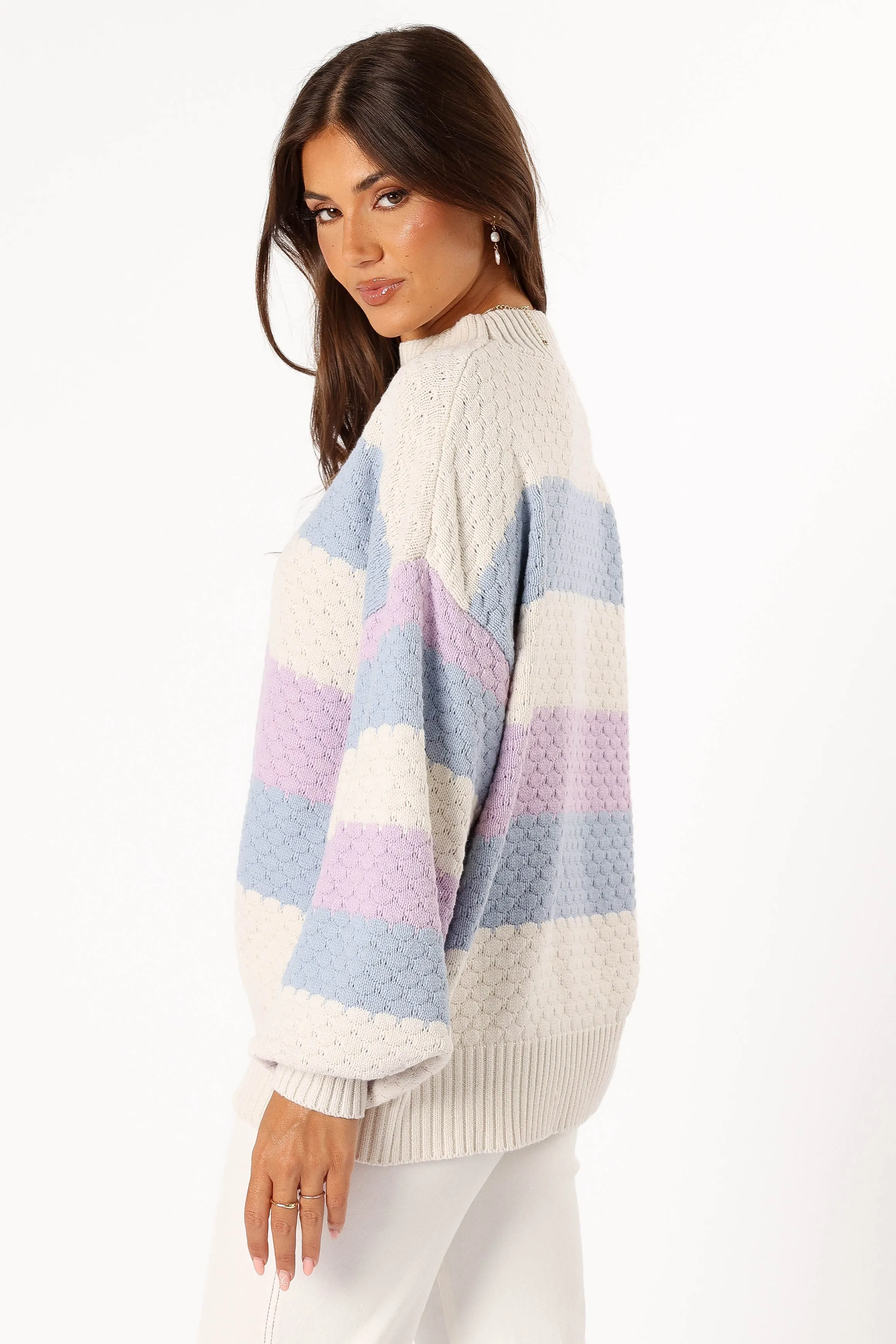 Dani Multi Stripe Knit Sweater - White Light Blue