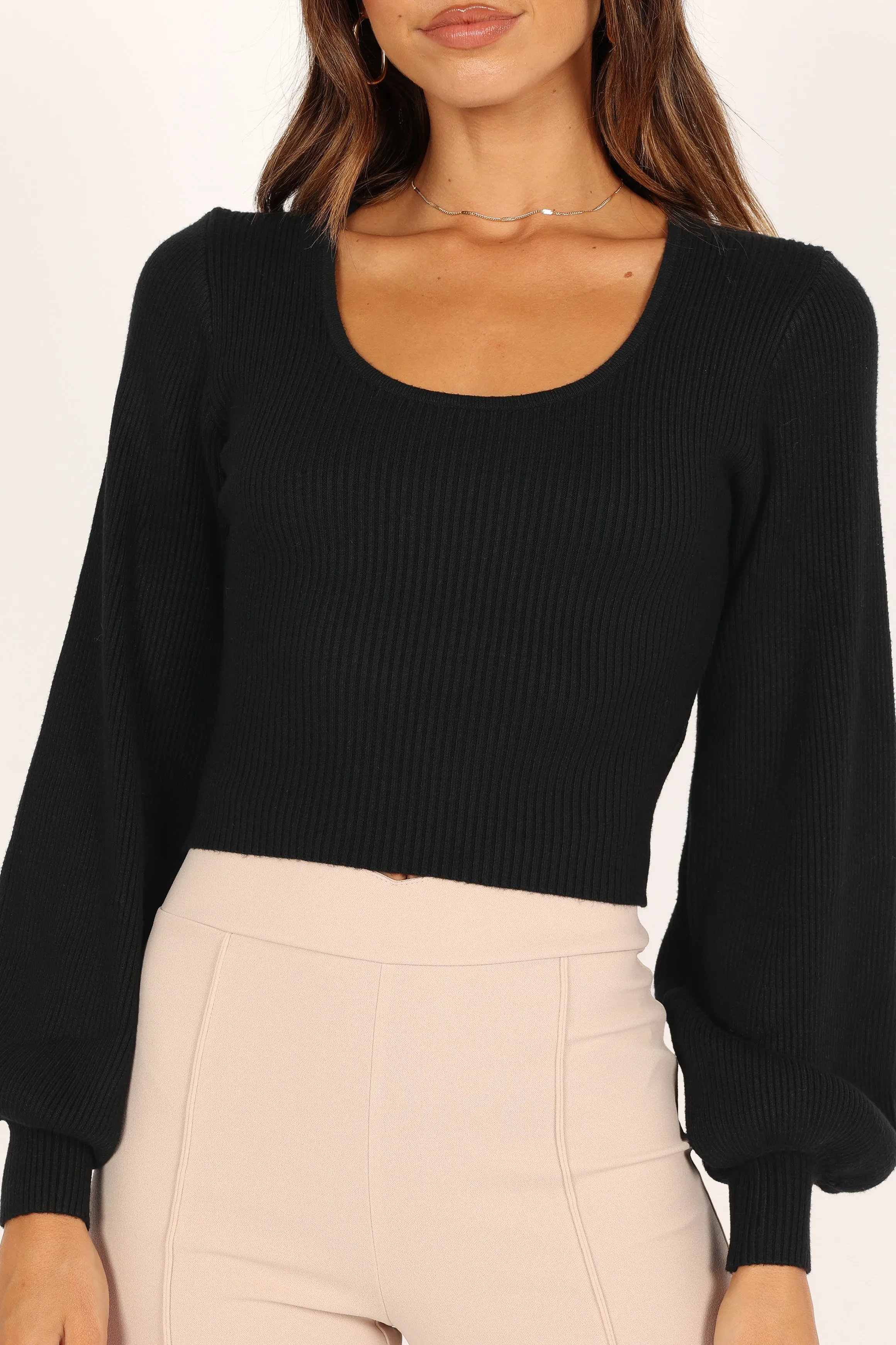 Daphne Crewneck Bubble Sleeve Knit Sweater - Black