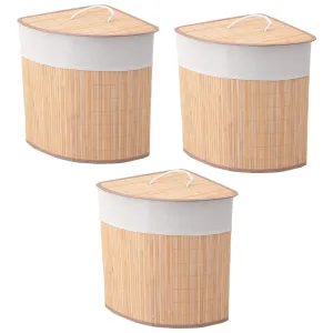 Kuber Industries Bamboo Basket With Lid|Foldable Laundry Basket For Clothes|Durable Rope Handles & Removable Bag|Natural Pack Of 3