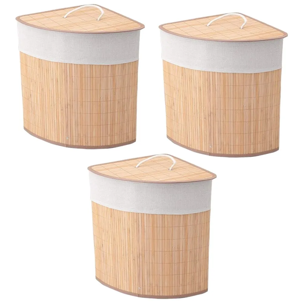 Kuber Industries Bamboo Basket With Lid|Foldable Laundry Basket For Clothes|Durable Rope Handles & Removable Bag|Natural Pack Of 3