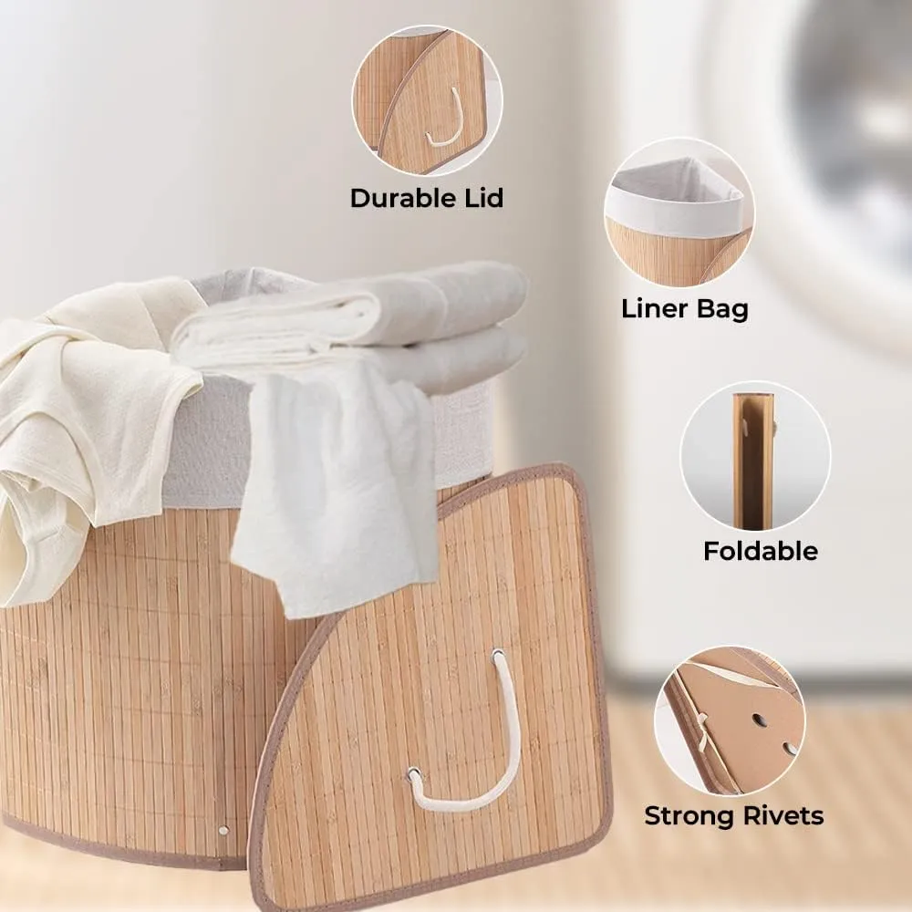 Kuber Industries Bamboo Basket With Lid|Foldable Laundry Basket For Clothes|Durable Rope Handles & Removable Bag|Natural Pack Of 3