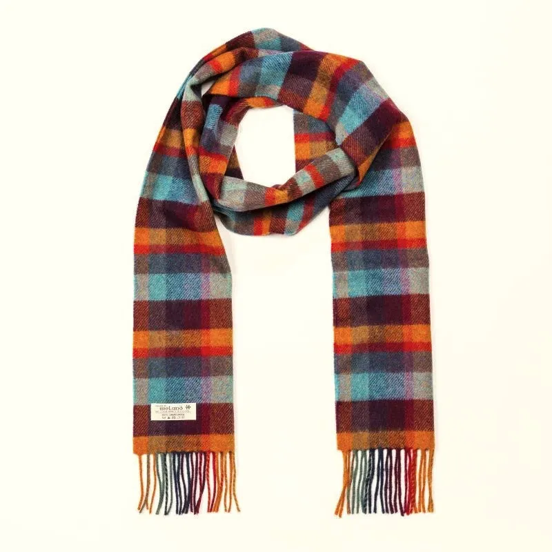 Lambswool Scarf - Orange, Teal and Denim Small Block Check - John Hanly