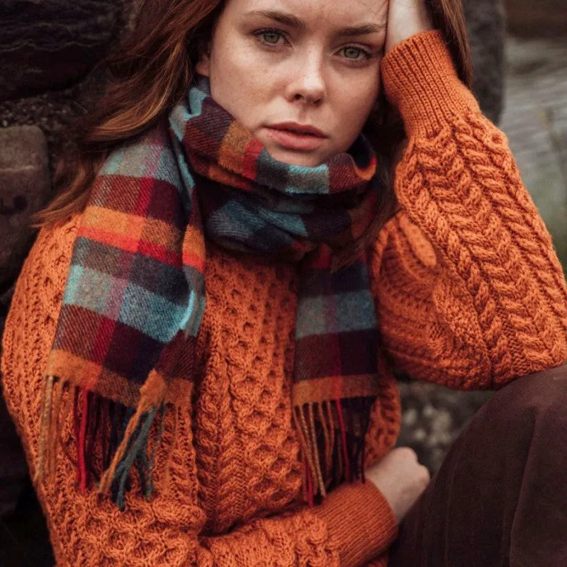 Lambswool Scarf - Orange, Teal and Denim Small Block Check - John Hanly