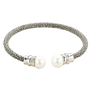 LaViano Fashion Sterling Silver, Stingray Leather and Pearl Cuff Bracelet