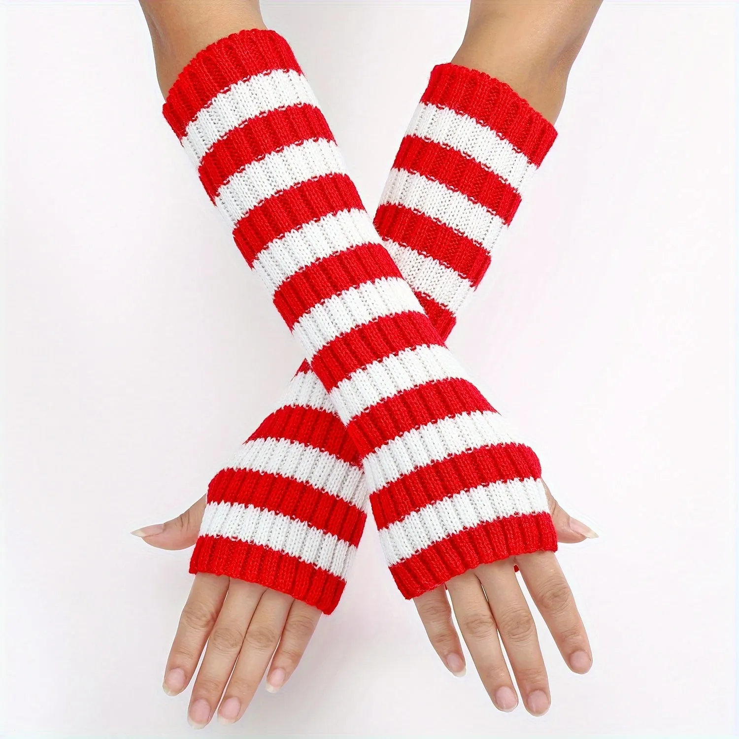 Long Thermal Striped Knit Gloves - Soft Elastic Cuff, Warm Arm Coverage, Fingerless Coldproof Design for Unisex - Perfect for Autumn and Winter Seasons