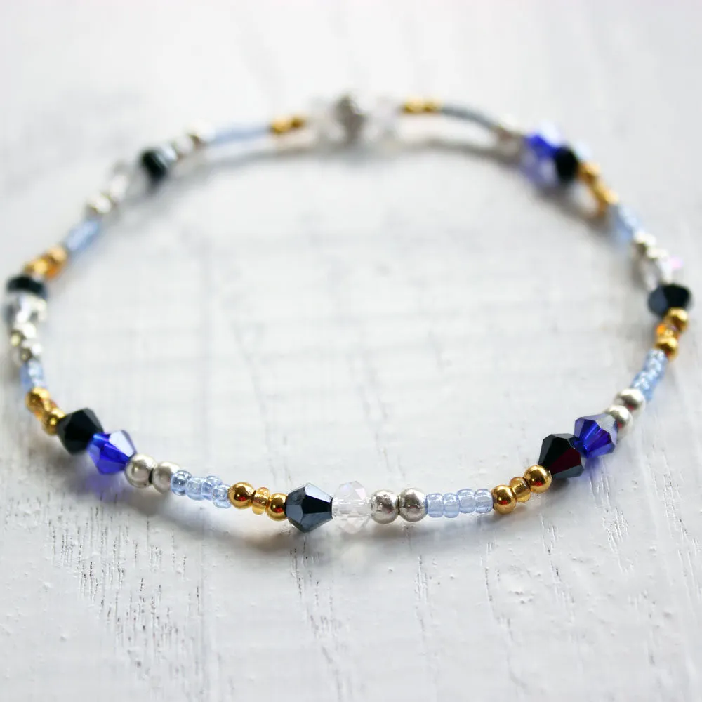 Midnight Silver Blue and Gold Beaded Bracelet