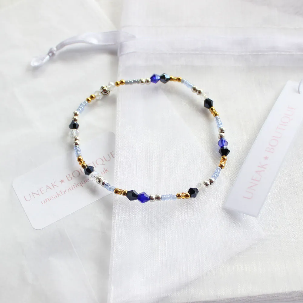 Midnight Silver Blue and Gold Beaded Bracelet