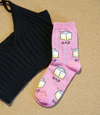 Milk Grid Crew Socks