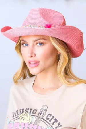 Pink Braided Tassel Straw Fedora