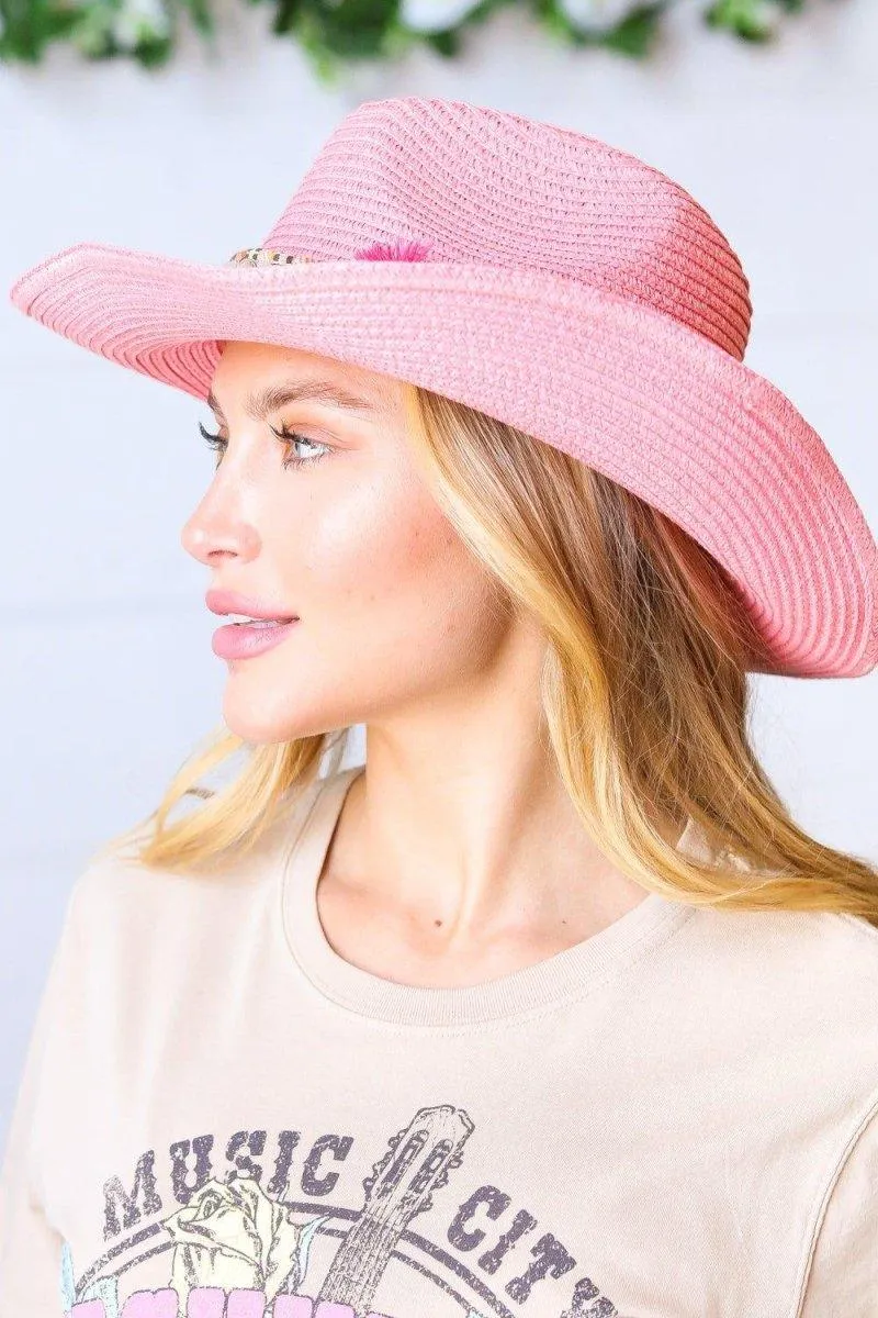 Pink Braided Tassel Straw Fedora