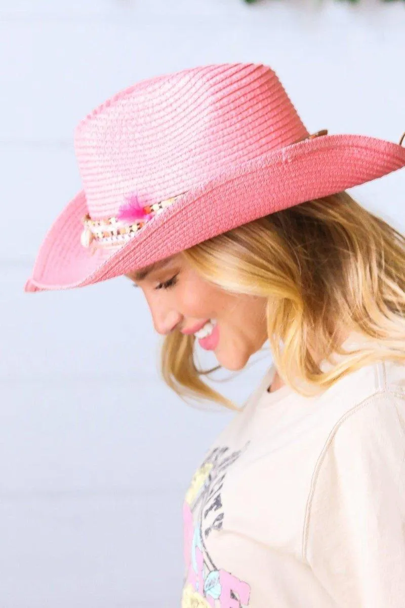 Pink Braided Tassel Straw Fedora