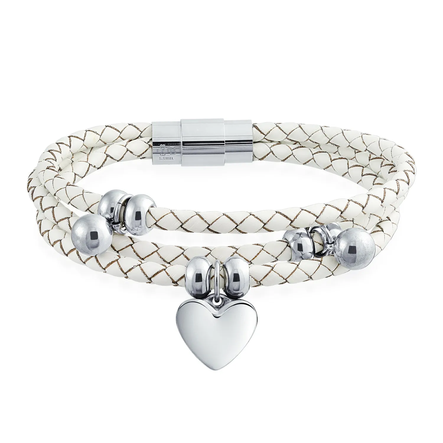 Pink or White Wrap Bracelet with Braided Leather and Heart Charms Stainless Steel