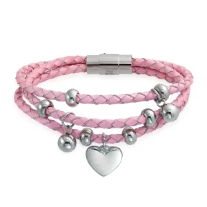 Pink or White Wrap Bracelet with Braided Leather and Heart Charms Stainless Steel