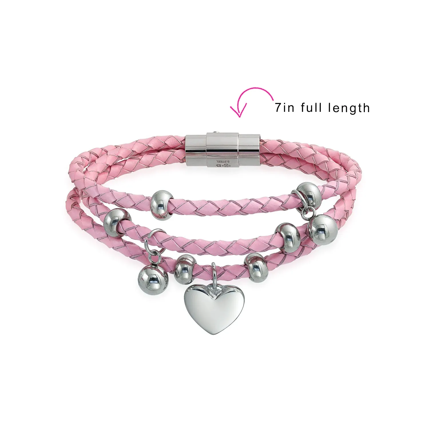 Pink or White Wrap Bracelet with Braided Leather and Heart Charms Stainless Steel