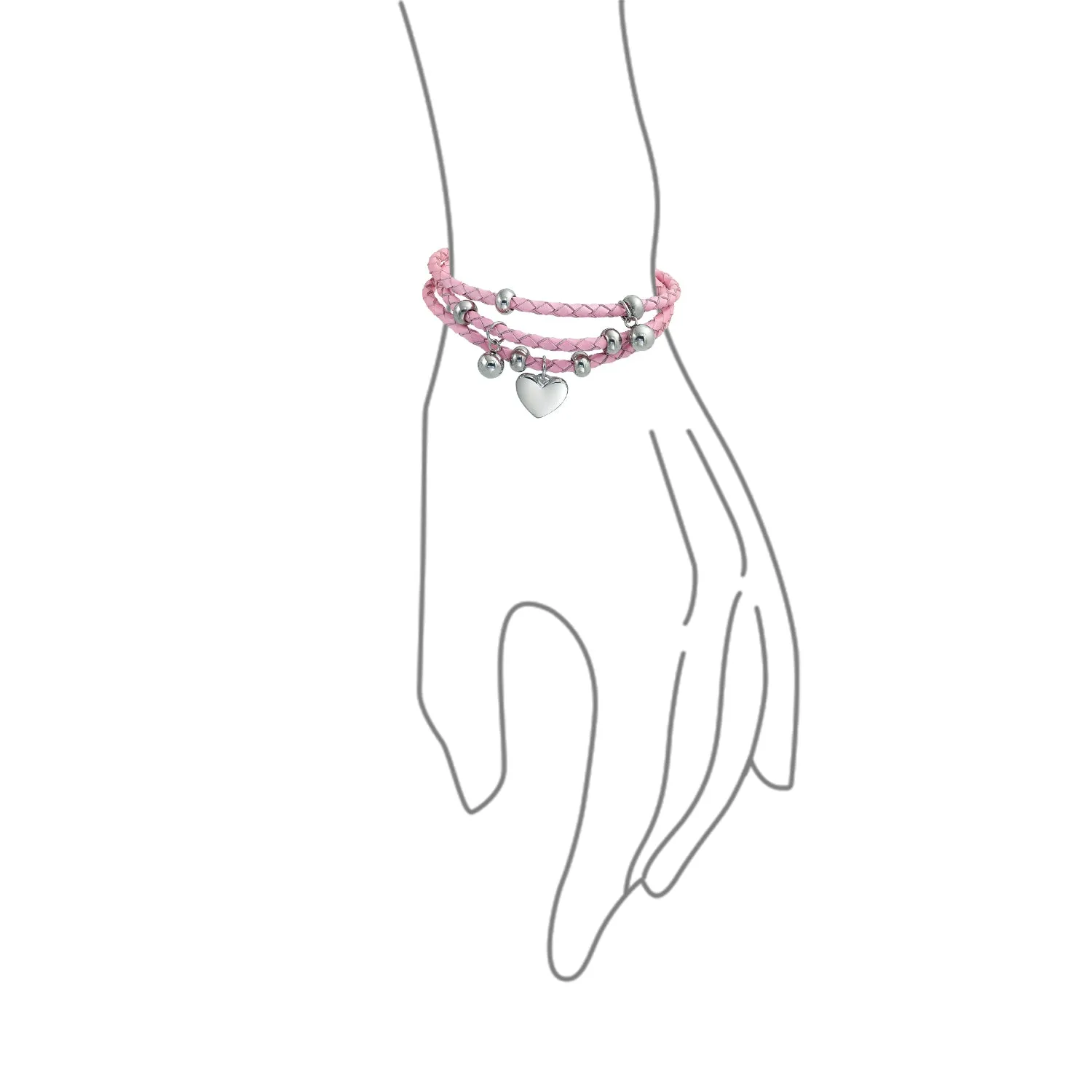 Pink or White Wrap Bracelet with Braided Leather and Heart Charms Stainless Steel