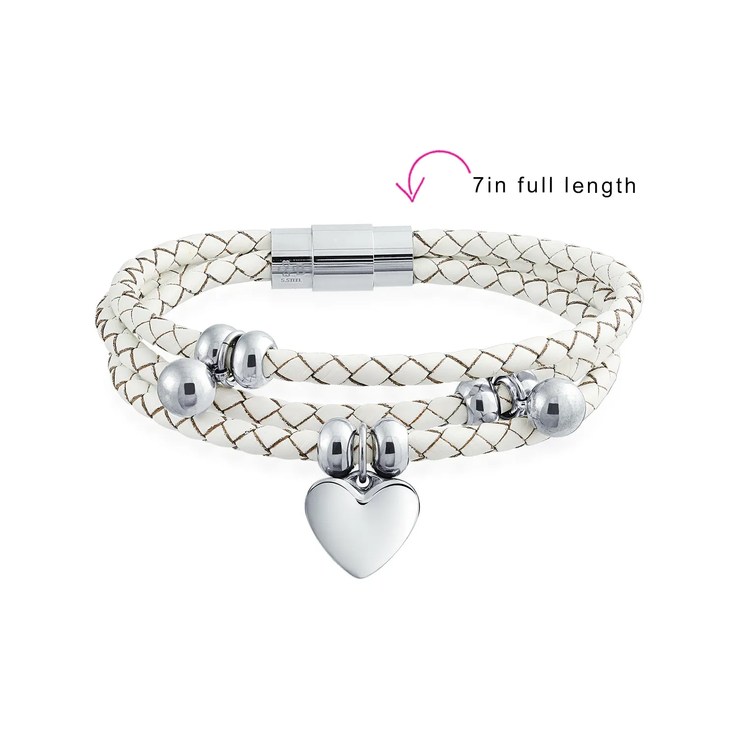 Pink or White Wrap Bracelet with Braided Leather and Heart Charms Stainless Steel