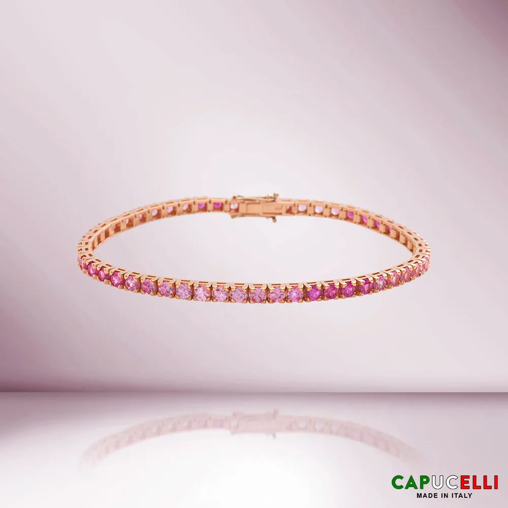 Pink Shaded Sapphires Tennis Bracelet (11.50 ct.) 4-Prongs Setting in 18K Gold, Made In Italy