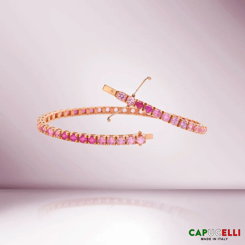 Pink Shaded Sapphires Tennis Bracelet (11.50 ct.) 4-Prongs Setting in 18K Gold, Made In Italy