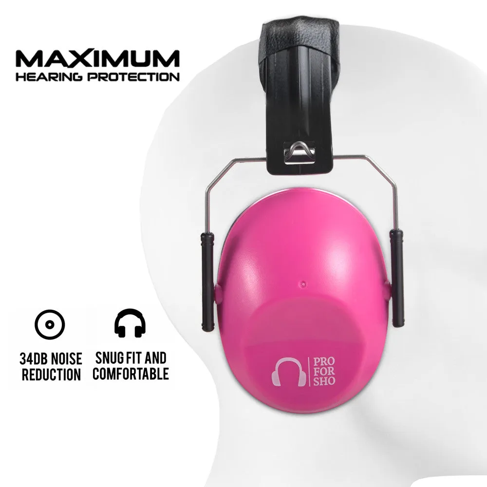 Pro For Sho 34dB NRR Noise Reduction Earmuffs - Lightweight Design - Standard Size Pink