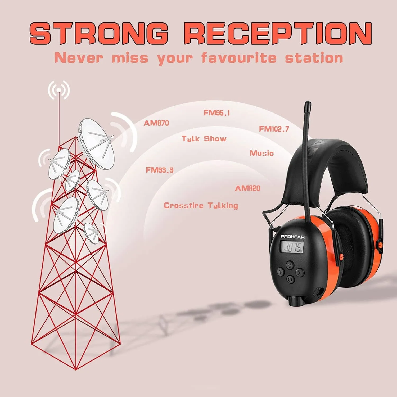 PROHEAR 027 AM FM Radio Headphones with Digital Display, 25Db NRR, Safety Ear Protection Earmuffs for Mowing, Snowblowing, Construction, Work Shops - Orange