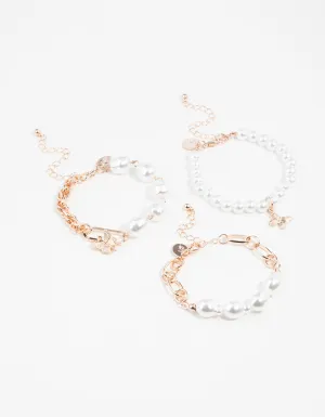 Rose Gold Pearl, Chain & Butterfly Toggle Bracelets 3-Pack