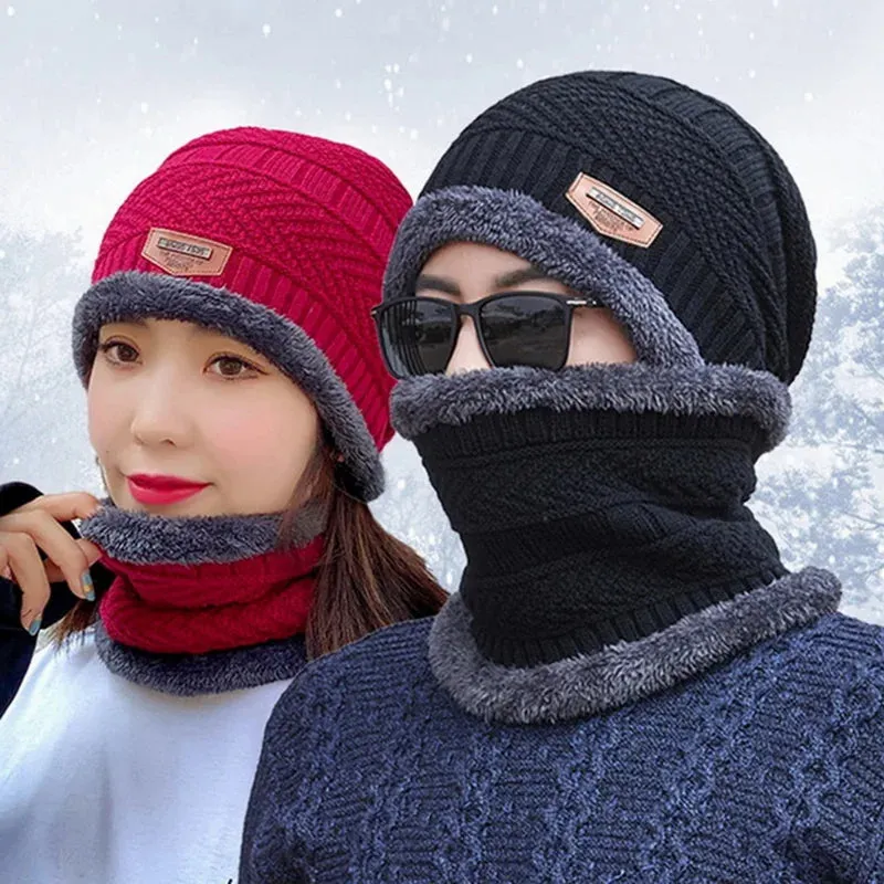 Winter Hats Knit Cap Men and Women Velvet Hat Coral Fleece Scarf Outdoor Riding Hat Warm Thickening Plus Velvet Neck Protect Cap