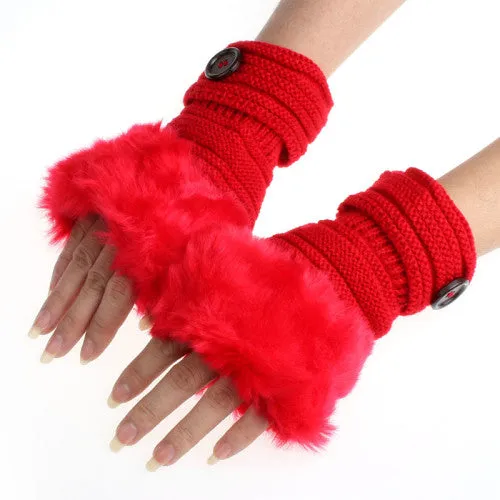 Women Winter Knitted Faux Fur Fingerless Gloves - Soft Warm Mitten