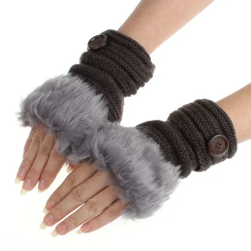 Women Winter Knitted Faux Fur Fingerless Gloves - Soft Warm Mitten