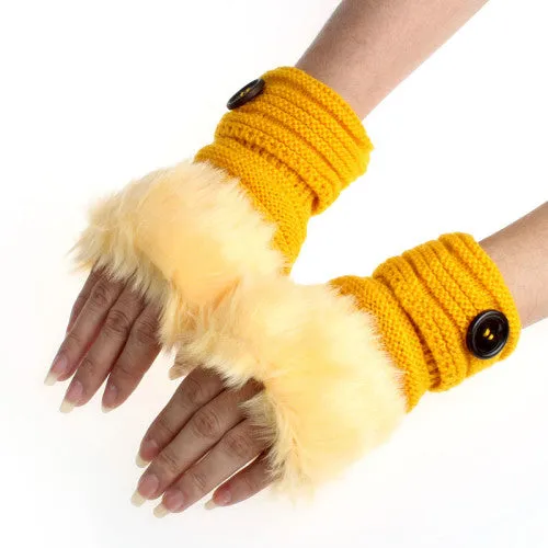 Women Winter Knitted Faux Fur Fingerless Gloves - Soft Warm Mitten