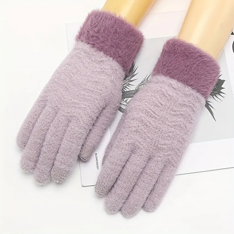 Women's Elegant Knitted Full Finger Gloves Polyester 100% Solid Color with Touch Screen Functionality, Keep Warm Elasticity Mature Style for Cold Weather - Non-Random Selection