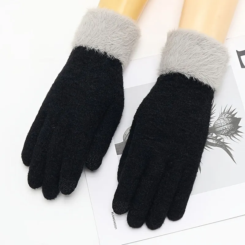 Women's Elegant Knitted Full Finger Gloves Polyester 100% Solid Color with Touch Screen Functionality, Keep Warm Elasticity Mature Style for Cold Weather - Non-Random Selection