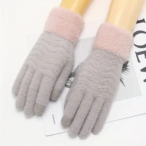 Women's Elegant Knitted Full Finger Gloves Polyester 100% Solid Color with Touch Screen Functionality, Keep Warm Elasticity Mature Style for Cold Weather - Non-Random Selection