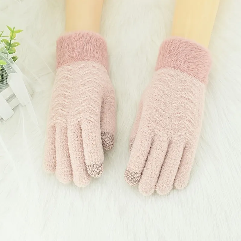 Women's Elegant Knitted Full Finger Gloves Polyester 100% Solid Color with Touch Screen Functionality, Keep Warm Elasticity Mature Style for Cold Weather - Non-Random Selection